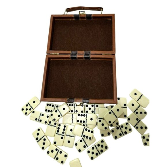 Vintage Domino Set Leatherette Case 28 Heavy Tiles Brass Spinner Travel Game - Picture 2 of 9